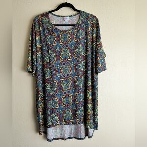 LuLaRoe Irma Relaxed Blue and Pink Hi Low Top with 3/4 Sleeves Size L